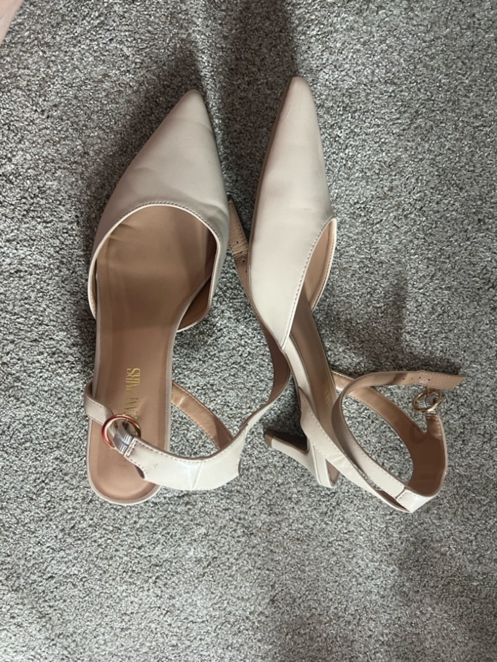 Pointed Toe Ankle-Strap Kitten Heel Pumps in Beige - Picture 3 of 4